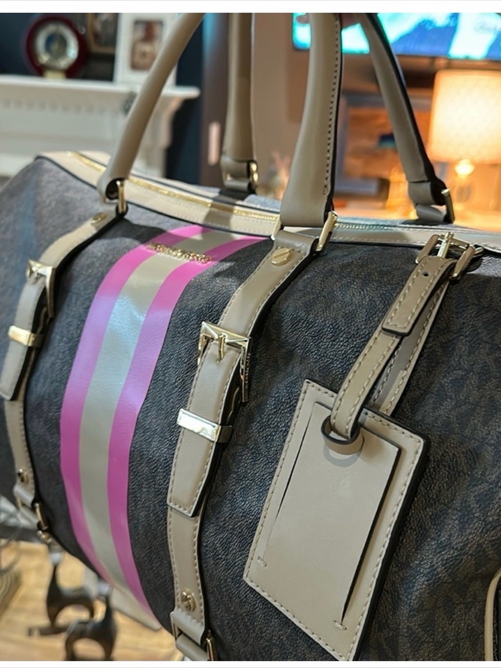 Authentic Michael Kors Bedford Extra-Large Signature Logo Striped Weekender Bag